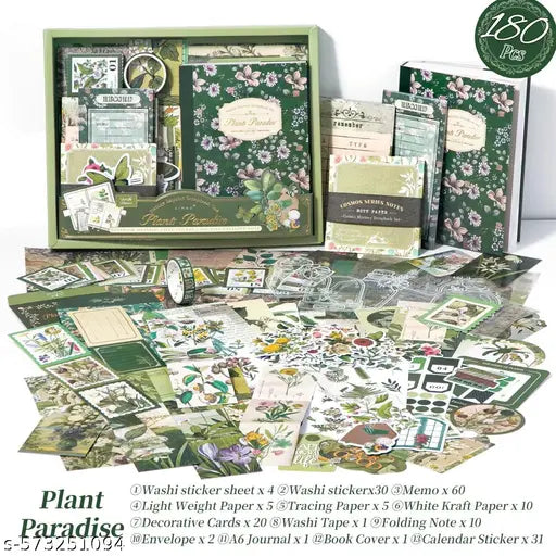 346pcs | Vintage Aesthetic Scrapbook Kit | Supplies Kit with A6 Grid Notebook, Washi Tape, Stickers, Scrapbook Paper, Envelopes, Journaling Cards, and Decorative Stamps (Plants Paradise)