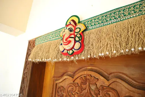 Vetiver Door Toran,3 Feet Natural Vetiver Main Door/Pooja Room Torana with 1 Vetiver Modern Vinayagar and Pearls attached (Length- 36 inches)