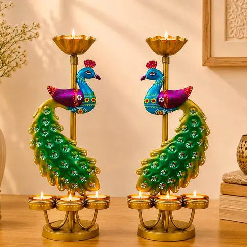 Handmade Peacock Tealight Candle Holder Set of 2 | Metal Diya Stand