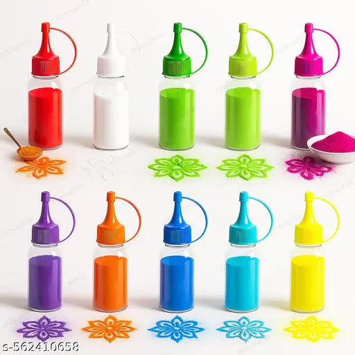 CHITRASHILA Empty Bottles for Rangoli Colors – 100 Gram Each | Transparent Plastic Jars with Nozzle Cap for Easy Dispensing | Refillable Storage Containers (Color Bottle (Pack of 10))