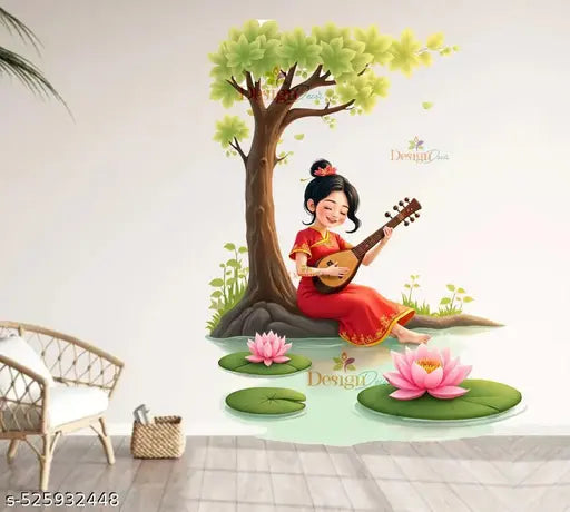 SK Decals Bazar Chinese Traditional Music Scene Wall Sticker, Living Room Bed Room Kids Room PVC Vinyl, 60 cm x 45 cm, Multicolour