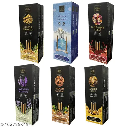 Aviraj Incense Dhoop Stick For Pooja I Dry Dhup Sticks Multi Fragrance Sandal (Chandan) ,Rose, Amber Gold, Aroma Heaven & Lavender Guggal (Guggul) Combo Pack Of 12 Box (12 X 10 Sticks) with Stand Bamboo less & Charcoal Free Dhoop Cone