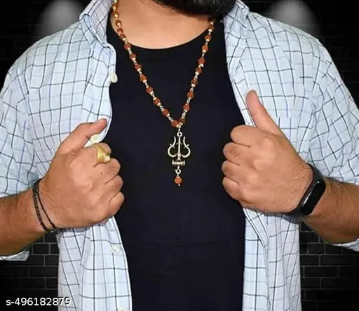 Ru Collection Presents  Trishul Damru Rudraksha Mala | Om Shiv Pendant Necklace for Men & Women | Hindu Spiritual Chain