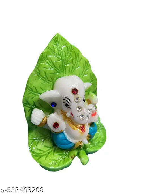 Lord Ganesha Statue on Leaf Background for Car Dashboard for Puja and Home Decoration, Office Table Idols | Statue
