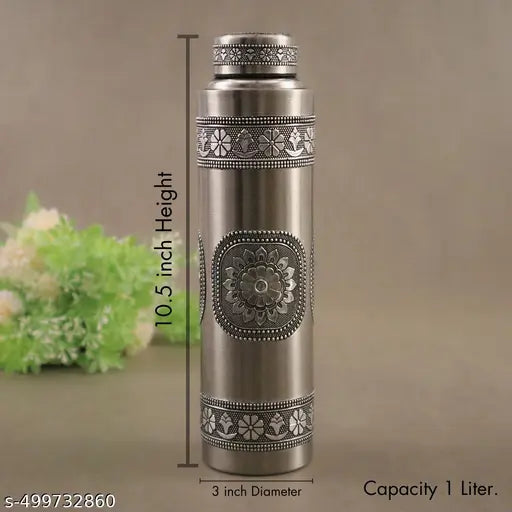 Giftguys Stainless Steel Oxidised Worked Water Bottle 1000 ML | Durable, Leak-Proof, Easy Grip, Rust Free, Easy-to-Clean, Odour-Free Bottle with Secure Cap for School, Travel, Gym & Work (Silver)