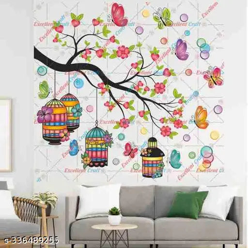 Delight Art Colorful Branches With Cages and Leaf, Flower, Butterfly Design Wall Sticker Size - ( 70*76 ) cm