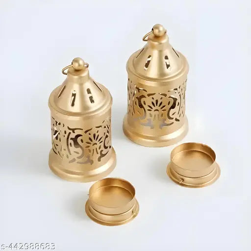 Moon International Luxury Golden Lantern Set of 2 Gold Decorative Lighting Stylish Lantern Design Gold Table Lantern Metallic Lantern Diwali & Navrat Decoration T light holder for Home Decor / Office Decoration / Diwali Gifs / Best for Anniversary.
