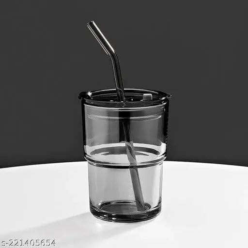 Black Borosilicate 400ml Tumbler with Straw and Leather Sleeve Glass Coffee Mug for Hot and Cold Beverages Office and Travel Mug Use For milk product, coffee, bubble tea, Cold Beverages.