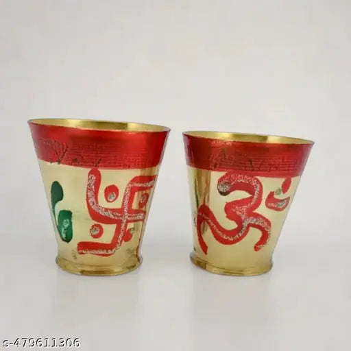 Pooja Brass Glass Set of 2 | Om Swastik Brass Glass | Handmade Brass Glass | Temple Use Brass Glass | Small Peetal brass glass | Ayurvedic Brass Glass set of 2