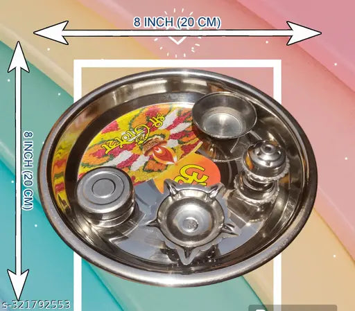 Combo Stainless Steel Thali 4 in 1 Agarbatti Stand, Puja Diya, Katori(Bowl) And Prashad Katori And Metal Stylish Laxmi Ganesh Ghanti.