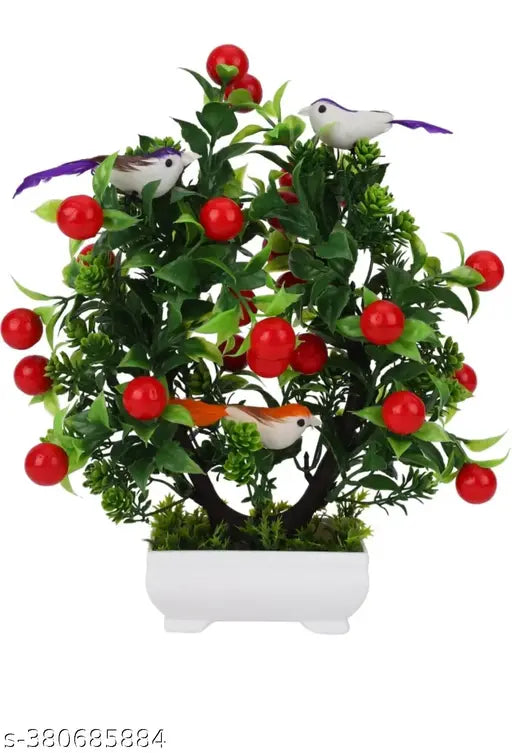 Eftsoon Artificial Bonsai Plant With SPARROW - 'Living Room' Dining Table Decor |Home,Office Party Decor |Speacial Ocassion Decor | Festival Theme Decorative |Green Cherry Color With Sparrow Home Decoration Temple Decoration Plant & Gift Item Size 28 CM