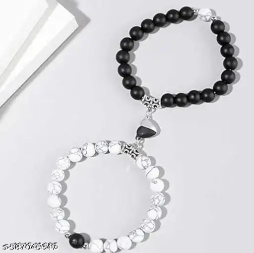 , Combo offer 4pcs/set Unisex Valentine Lovers Jewelry Gift Couple Bracelet Gifts Heart Shape Alloy Magnet Wristband Stone Beaded Bracelet and Magnet heart Pendant