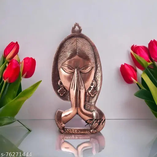 SP Handicrafts Decorative Showpiece Brass Art Wares Welcome Namaste Lady Metal Hanging Religious Metal Wall Decor Showpiece Hanging Entrance Gate Decor