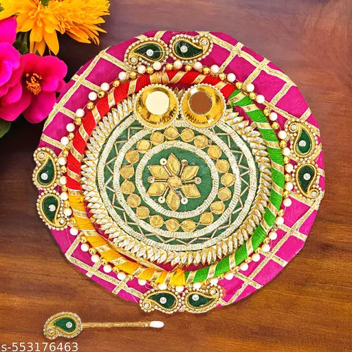 Designer Pooja Thali Set with Kalash, Roli Chawal Holder & Decorative Stick – Traditional Puja Accessory for Festivals & Rituals (MDF)