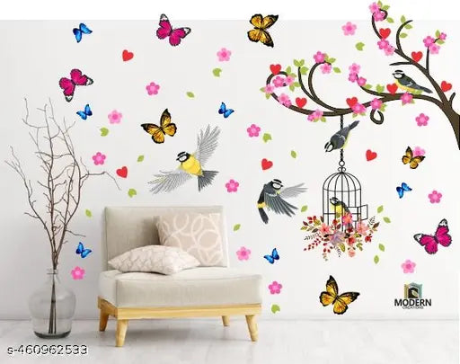 118 CM x 30 CM  Modern Creations PVC- Self Adhesive Decorative Floral Bird Cage Butterflies Lamp Wall Sticker Anti Oil, Waterproof
