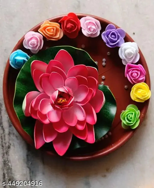 Floating lotusflower pack of 1 with 1 plastic tray, 10 artificial rose and pearl beads