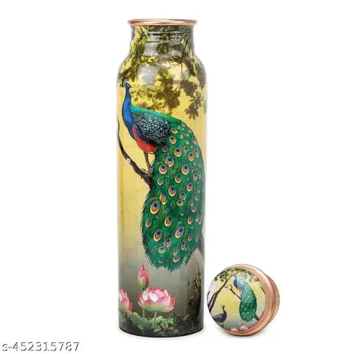 Beautiful Pure Copper Water Bottle 1 Litre Leakproof Peacock Meena | BPA Free | 100% Leak Proof | Office Bottle | Gym Bottle | Home | Kitchen | Travel Bottle | Hiking | Treking Bottle (10.5 X 3 Inches)