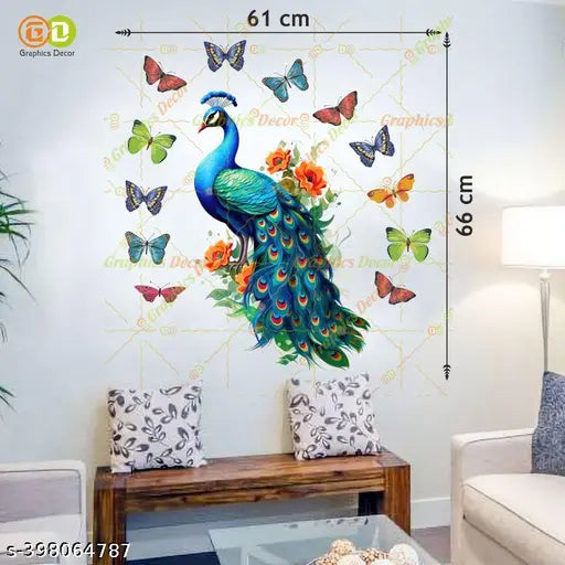 GRAPHICS DECOR | Green 3D Peacock with Butterflies Wall Stickers (61x66 cm)