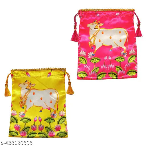 Pack of 10 Gomatha Design Potli Bags - Thamboolam Bags for Varalakshmi Pooja - Potli Bags for Return Gifts - Thamboolam Bags - Return Gifts for VaraLaxmi Vratham - Return Gifts for Housewarming - Potli Bags (Multi Colour)