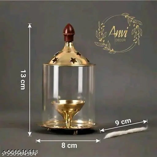 pure brass traditional akhand diya with borosilicate glass cover/ oil lamp/ puja deepam/ table deepak 4.9 inch hight golden