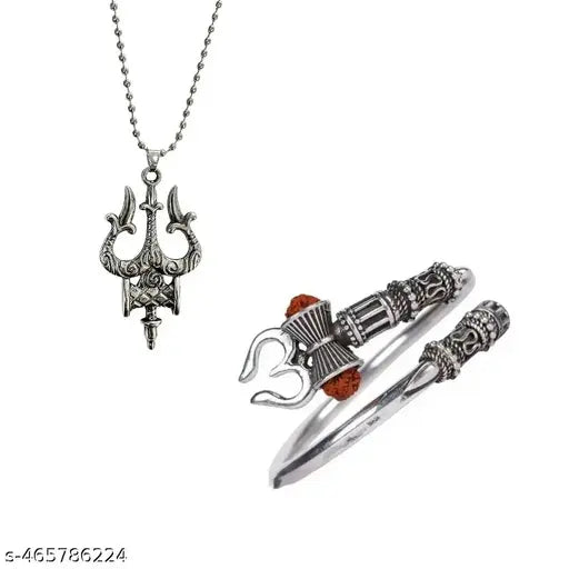 Mahakal Silver Bracelet Rudraksha Lord Shiva Trishul Damroo Adjustable Kada with Mahadev Trishul Damru Locket for Men & Women Boys