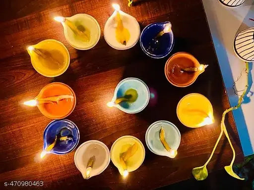 Ceramic Diya/Deepak Oil Lamp for Home Temple Puja Articles Decor Gifts Set of 12(Multicolour)