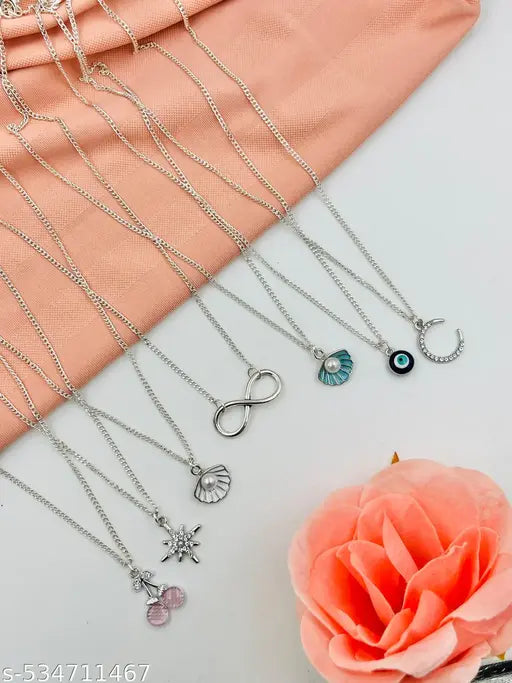 Trendy Silver-Plated 7 Pendant Necklace Combo | Stylish & Elegant Neck Jewelry for Women & Girls