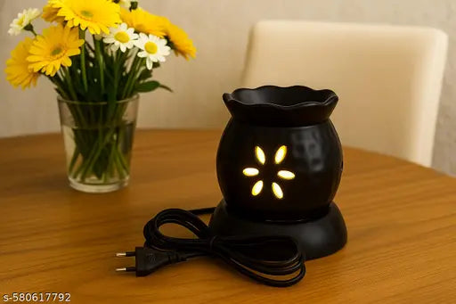 Pookiemoon Handcrafted Ceramic Electric Aroma Diffuser & Oil Burner | Night Lamp for Home, Office, Spa | Essential Oil Aromatherapy | Air Freshener Gift Set | Aroma Oil Diffuser for Home with Aroma Oils, Cylinder Shape, Black Color Includes 2*10ml Aroma O