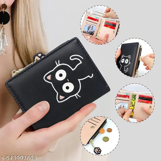 Cute Cat Wallet for Women – Small Bifold PU Leather Purse with Zipper & Paw Charm – Kawaii Animal Coin Card Holder