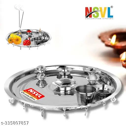 NSVL Stainless Steel Pooja Thali Set for Festival/Wedding 1 Pc Diva, Agarbatti Incense Holder, Kumkum Wati and 2 Pcs Wati