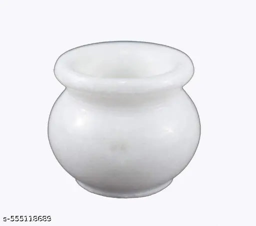 Pack of 2 Round Marble Kalash for Pooja | Handicraft Home Decor Designer Puja Lota for Holy Water in Temples & Home