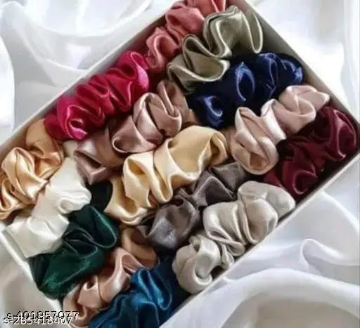 (Pack of 10) (Multicolor) Premium Silk Satin Scrunchies (Pack of 10) Rubber Rubber Band (Multicolor) Multicolor color Fabric thalamudi kattu/thalamudi bandham/Jada Bandlu/Muti pattaikal/hair baandukal/Kudalu byandgalu/Hair byandgalu Ideal for Women / Girl