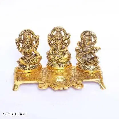 Laxmi Ganesh Saraswati With Diya Idol Set Decorative Showpiece - 14 cm  (Metal, Gold)