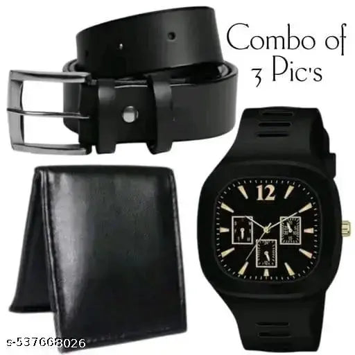 Black men/boys Leather casual unique stylish belt, purse/wallet, watch combo pack of 3 Pic's