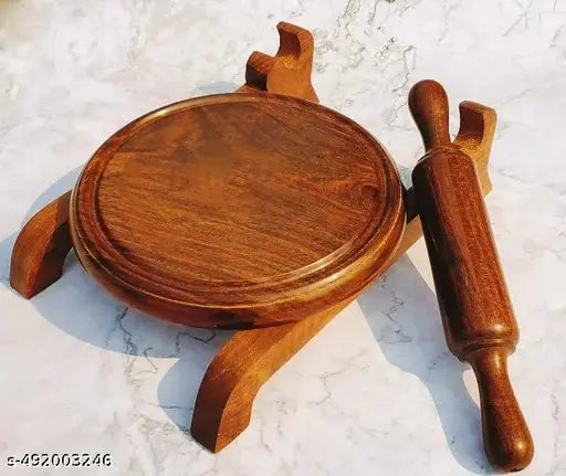 HomEnrich Brown Wooden Chakla Belan with Stand Lightweight and Traditional Kitchen Chakla Belan