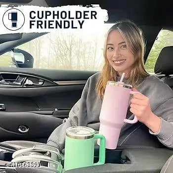 Tumbler Mug with Handle Straw & Lid | Insulated Reusable Stainless Steel Water Bottle | Leak Proof Mug for Office, Gym, Travelling 1200ml (Baby Pink)