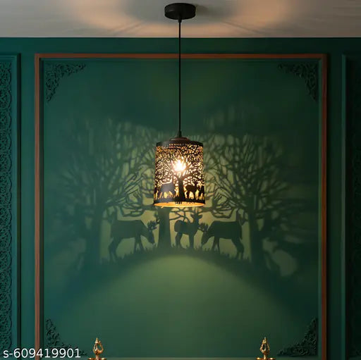 Decorative Hanging Pendant Light for Dining Room, Handcrafted Metal Lamp Shade with Forest & Deer Cutwork Design, Warm Ambient Lighting for Living Room, Balcony & Cafe Decor