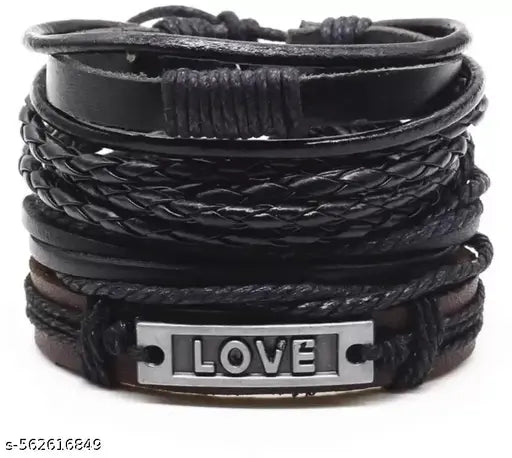 Tastic Black Leather with Love Metal Studded Dyed Rope Natural Beads Wrist Bracelet for Men Casual Wear(Set of 4)