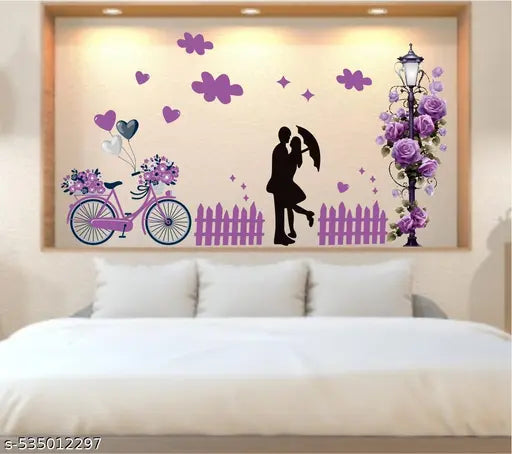 SS And Company loving couple with decorative floral poll Sticker for Home, Living Room, Bedroom, Kitchen (60 cm x 65 cm)