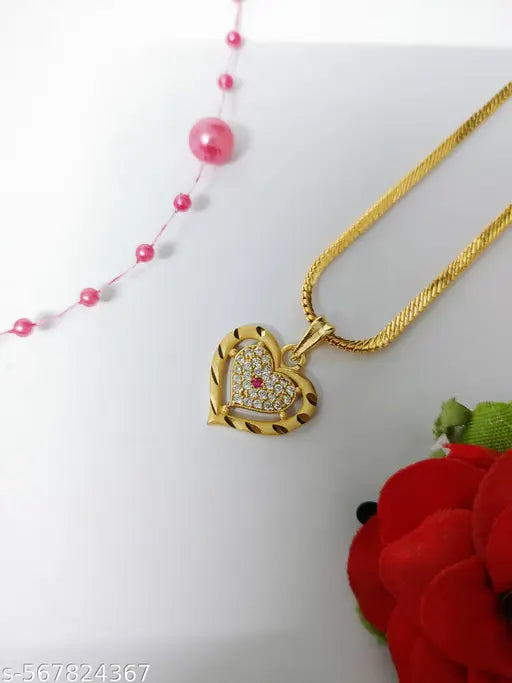 Microplated AD Gold heart Pendant with Chain + Free Finger Ring Gift – Divine Elegance for Every Soul Women