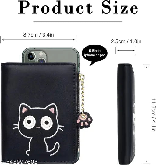 Cute Cat Wallet for Women – Small Bifold PU Leather Purse with Zipper & Paw Charm – Kawaii Animal Coin Card Holder