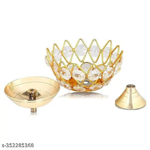 Brass Gallery Brass Small Bowl Crystal Diya Round Shape Kamal Deep Akhand Jyoti Oil Lamp for Home Temple Puja Decor Gifts (Size 5cm Heigth, Small)(Pack of 2)