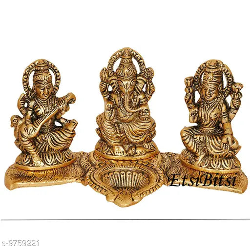 Laxmi Ganesh Saraswati Idol Showpiece Oil Lamp | Diya | Deepak | Deepam | Metal Statue Sculpture