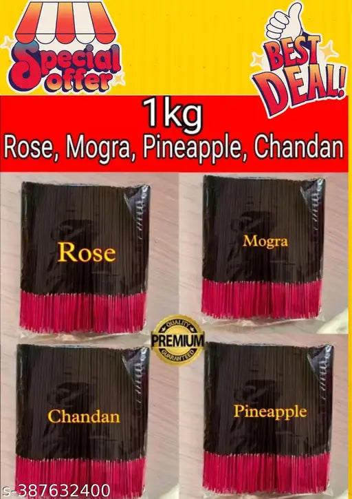 Premium Rose (250 gm), Mogra (250 gm), Pineapple (250 gm) And Chandan (250 gm) Agarbatti/Incense Sticks Pure Fragnance | 4 in 1 combo| combo pack offer | 4 In One Combo Agarbatti 1kg(250gram Each ) Agarbatti For Home Pooja Dhup Pooja Agarbatti|1kg ,250g F