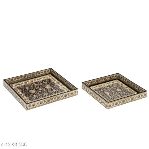 Enamel Coated Multipurpose Set of 2 Square Trays  (Black Jamawaar design)
