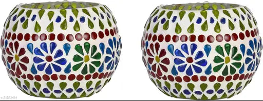 Hand Decorated Mosaic Glass Candle Tea Light Holder For Colorful Magical Lighting Effects, (Set Of 2)