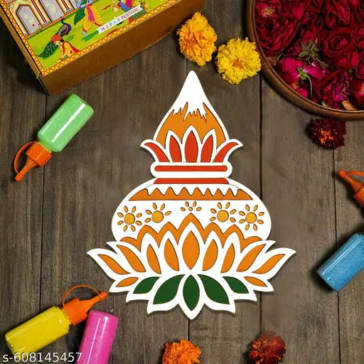 Kidli Kalash 10 Inch Durable Reusable Floor MDF Rangoli Design Stencil For Diwali, Navratri, Ganesh Chaturthi, Weddings, Traditional Designs For Home Décor | Rangoli Making Tools, MR6