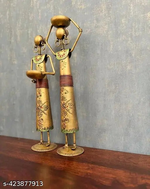 BALAJI INC. Metal Wrought Iron showpieces of Tribal Lady/Ladies Doll Figurine Statue in Golden Decorative Items | Show Pieces for Home Decor Stylish Living Room Tea Light Stand (Set Of 2)