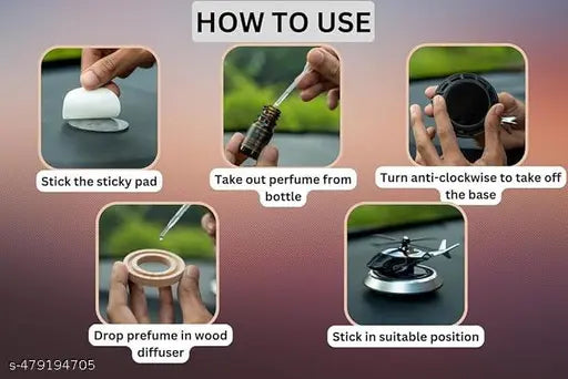 Solar Powered Car Perfume Diffuser/Dispenser | Helicopter Design, Auto Rotation Fan | For Car Dashboard with Perfume liquid & Organic Fragrance - (Black color Pack of 1)