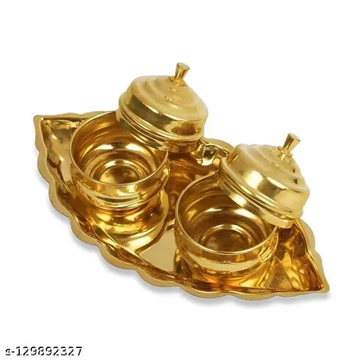 Golden Brass Haldi Kumkum Box With Plate